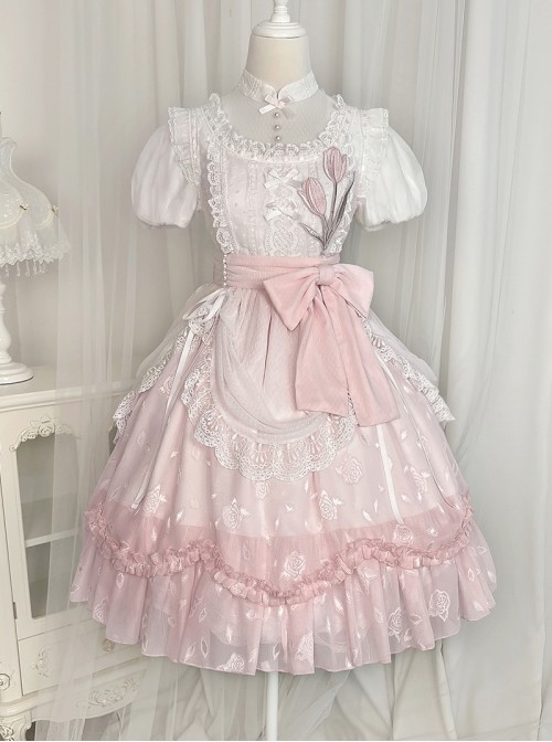 Flowers And Poetry Series Sweet Lolita Pink Tulip Elegant Lace Ruffle Bubble Sleeve Dress