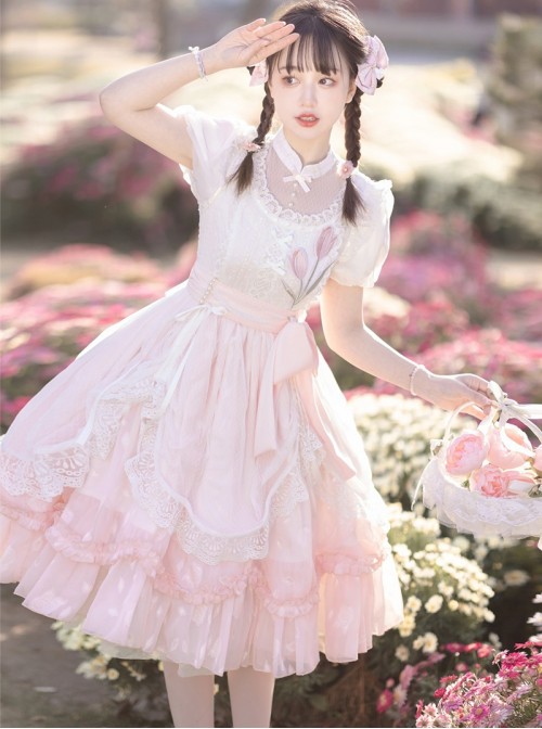Flowers And Poetry Series Sweet Lolita Pink Tulip Elegant Lace Ruffle Bubble Sleeve Dress