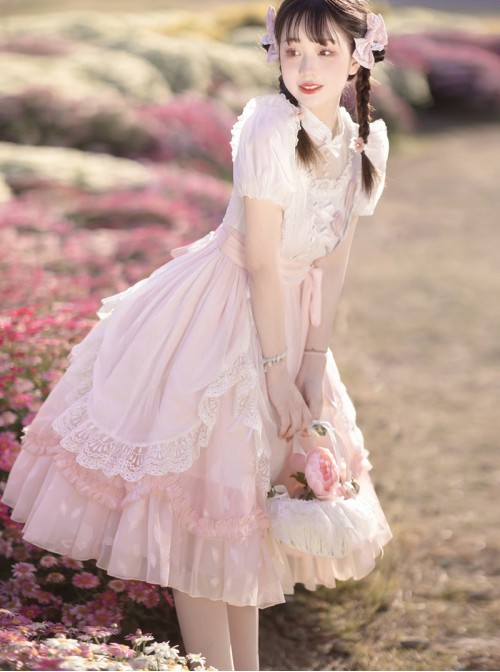 Flowers And Poetry Series Sweet Lolita Pink Tulip Elegant Lace Ruffle Bubble Sleeve Dress