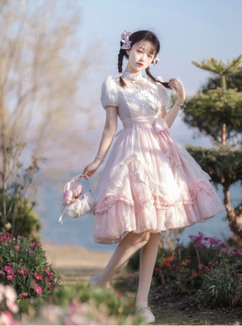 Flowers And Poetry Series Sweet Lolita Pink Tulip Elegant Lace Ruffle Bubble Sleeve Dress