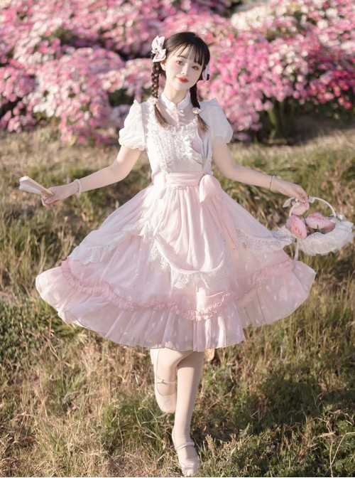Flowers And Poetry Series Sweet Lolita Pink Tulip Elegant Lace Ruffle Bubble Sleeve Dress