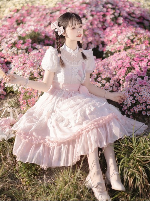 Flowers And Poetry Series Sweet Lolita Pink Tulip Elegant Lace Ruffle Bubble Sleeve Dress