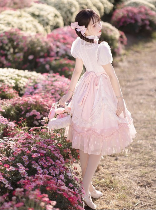 Flowers And Poetry Series Sweet Lolita Pink Tulip Elegant Lace Ruffle Bubble Sleeve Dress