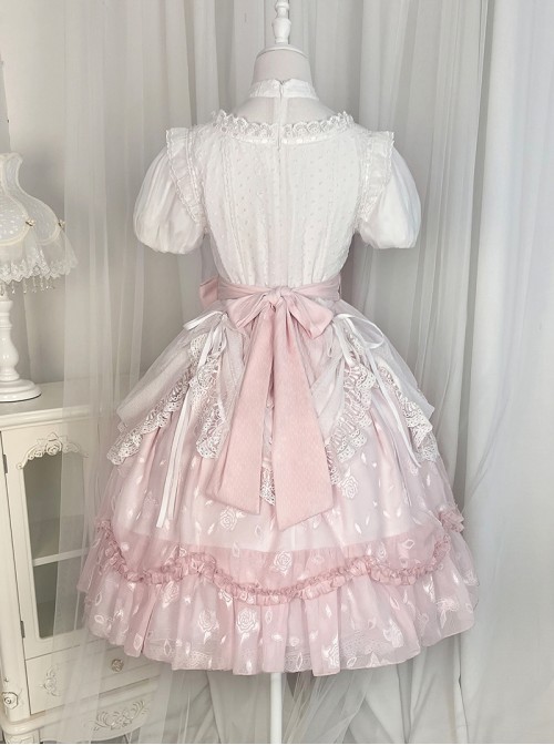 Flowers And Poetry Series Sweet Lolita Pink Tulip Elegant Lace Ruffle Bubble Sleeve Dress