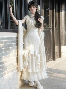 Chinese Style Classic Lolita White Vintage Elegant Fish Tail Cheongsam Lace Shawl Petticoat Pearl Necklace Hairpin Set