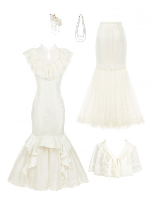 Chinese Style Classic Lolita White Vintage Elegant Fish Tail Cheongsam Lace Shawl Petticoat Pearl Necklace Hairpin Set