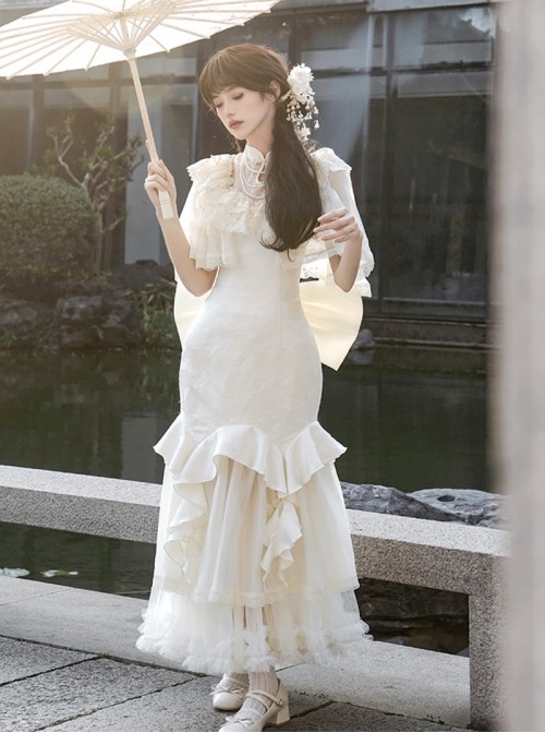 Chinese Style Classic Lolita White Vintage Elegant Fish Tail Cheongsam Lace Shawl Petticoat Pearl Necklace Hairpin Set