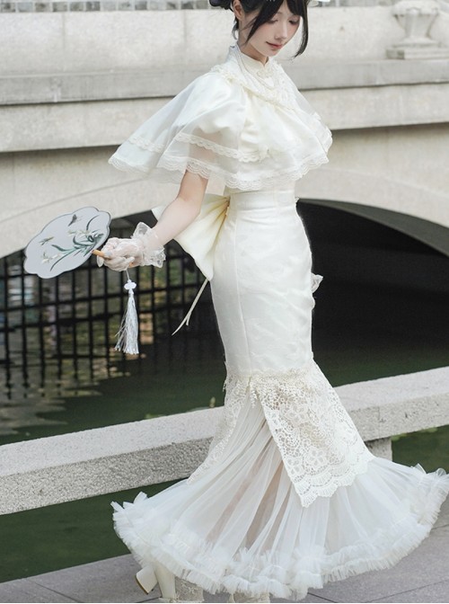Chinese Style Classic Lolita White Vintage Elegant Fish Tail Cheongsam Lace Shawl Petticoat Pearl Necklace Hairpin Set