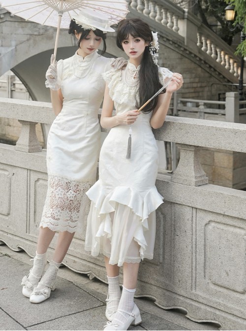 Chinese Style Classic Lolita White Vintage Elegant Fish Tail Cheongsam Lace Shawl Petticoat Pearl Necklace Hairpin Set