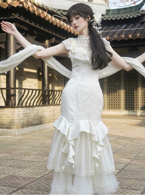 Chinese Style Classic Lolita White Vintage Elegant Fish Tail Cheongsam Lace Shawl Petticoat Pearl Necklace Hairpin Set