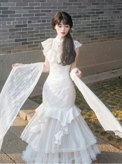 Chinese Style Classic Lolita White Vintage Elegant Fish Tail Cheongsam Lace Shawl Petticoat Pearl Necklace Hairpin Set
