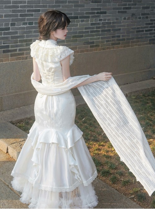Chinese Style Classic Lolita White Vintage Elegant Fish Tail Cheongsam Lace Shawl Petticoat Pearl Necklace Hairpin Set