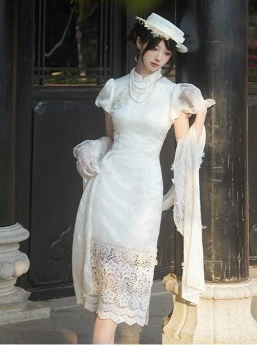 Classic Lolita Chinese Style White Sweet Bubble Sleeve Lace Cheongsam Petticoat Pearl Necklace Hairpin Set