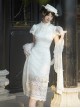Classic Lolita Chinese Style White Sweet Bubble Sleeve Lace Cheongsam Petticoat Pearl Necklace Hairpin Set