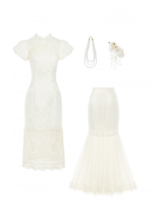 Classic Lolita Chinese Style White Sweet Bubble Sleeve Lace Cheongsam Petticoat Pearl Necklace Hairpin Set