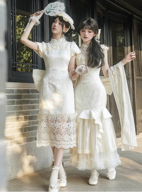 Classic Lolita Chinese Style White Sweet Bubble Sleeve Lace Cheongsam Petticoat Pearl Necklace Hairpin Set