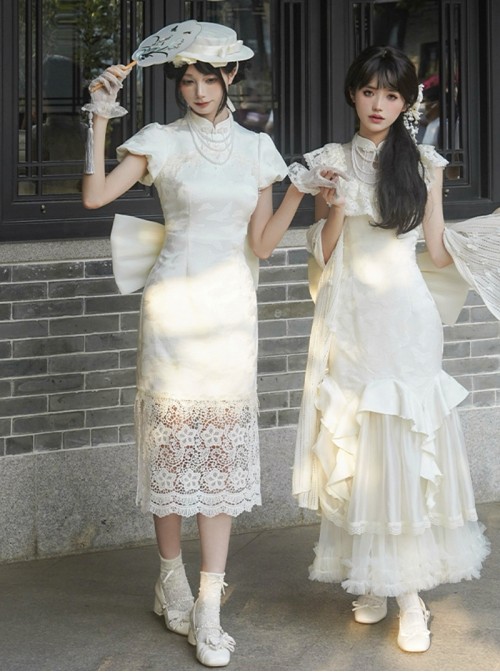 Classic Lolita Chinese Style White Sweet Bubble Sleeve Lace Cheongsam Petticoat Pearl Necklace Hairpin Set