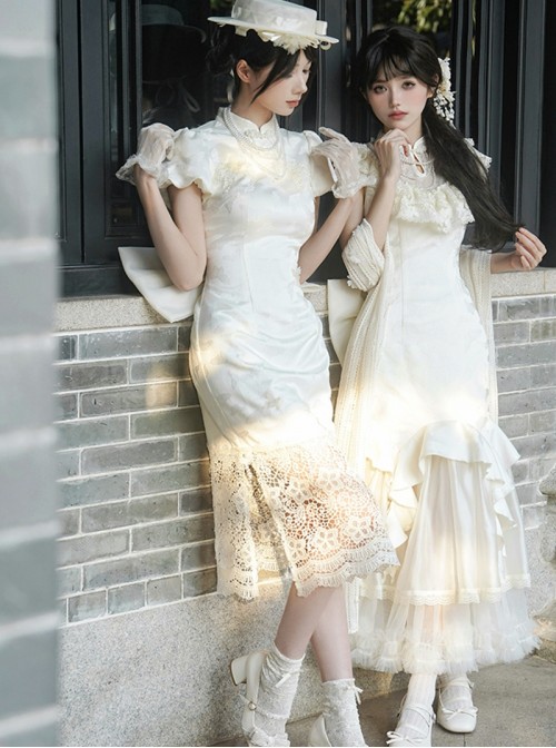 Classic Lolita Chinese Style White Sweet Bubble Sleeve Lace Cheongsam Petticoat Pearl Necklace Hairpin Set