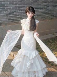 Chinese Style Versatile Elegant Classic Lolita 3D Flower Accents White Lace Cheongsam Shawl
