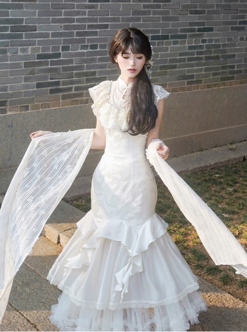 Chinese Style Versatile Elegant Classic Lolita 3D Flower Accents White Lace Cheongsam Shawl