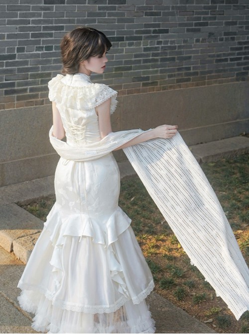 Chinese Style Versatile Elegant Classic Lolita 3D Flower Accents White Lace Cheongsam Shawl