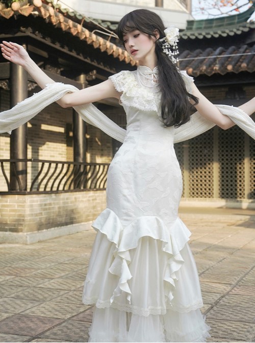 Chinese Style Versatile Elegant Classic Lolita 3D Flower Accents White Lace Cheongsam Shawl