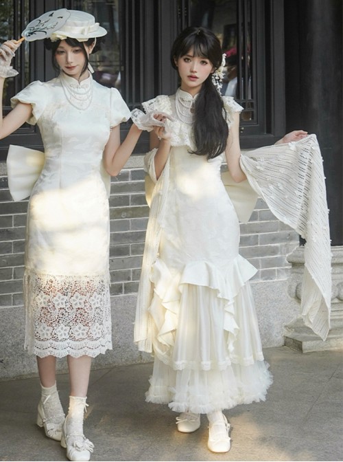 Chinese Style Versatile Elegant Classic Lolita 3D Flower Accents White Lace Cheongsam Shawl