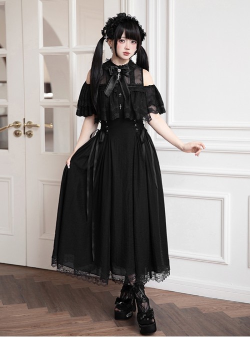 Japanese Gothic Lolita Harajuku Style Kawaii Lace Tulle Cross Pendant Dress Hairband Set