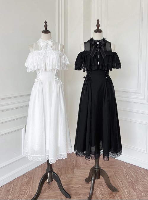 Japanese Gothic Lolita Harajuku Style Kawaii Lace Tulle Cross Pendant Dress Hairband Set