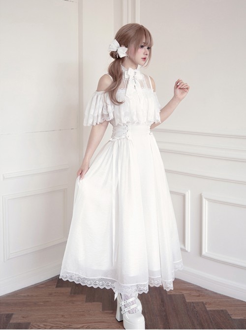 Japanese Gothic Lolita Harajuku Style Kawaii Lace Tulle Cross Pendant Dress Hairband Set