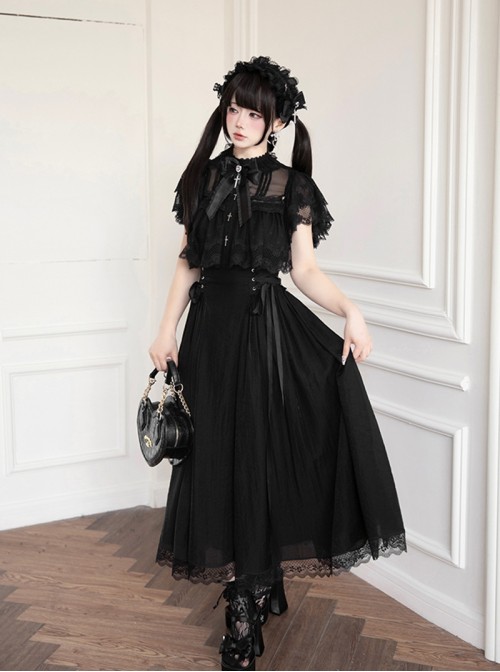 Japanese Gothic Lolita Harajuku Style Kawaii Lace Tulle Cross Pendant Dress Hairband Set