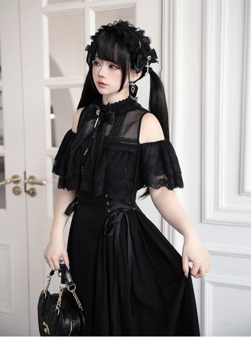 Japanese Gothic Lolita Harajuku Style Kawaii Lace Tulle Cross Pendant Dress Hairband Set