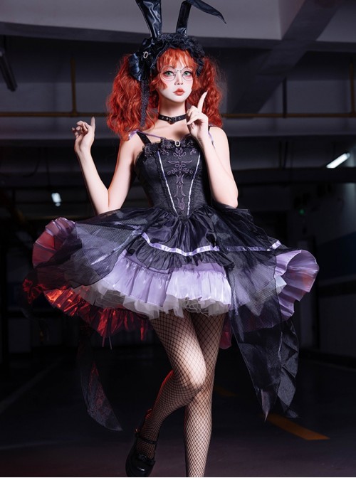 Magic Girl Series Gothic Lolita Elegant Noble Black Purple Lace Tulle Sleeveless Strap Dress