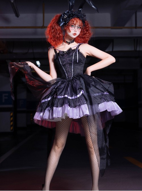 Magic Girl Series Gothic Lolita Elegant Noble Black Purple Lace Tulle Sleeveless Strap Dress