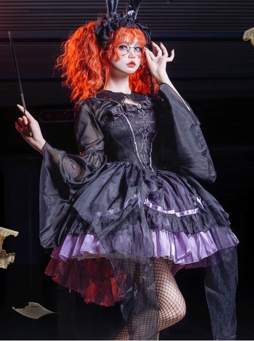 Magic Girl Series Gothic Lolita Elegant Noble Black Purple Lace Tulle Sleeveless Strap Dress