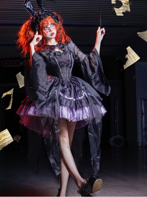 Magic Girl Series Gothic Lolita Elegant Noble Black Purple Lace Tulle Sleeveless Strap Dress