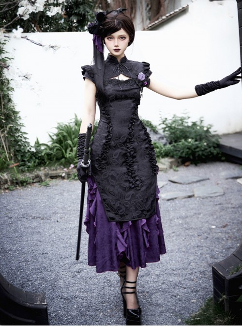 Chinese Style Gothic Lolita Purple Black Jacquard Ruffle Spliced Cheongsam Long Dress