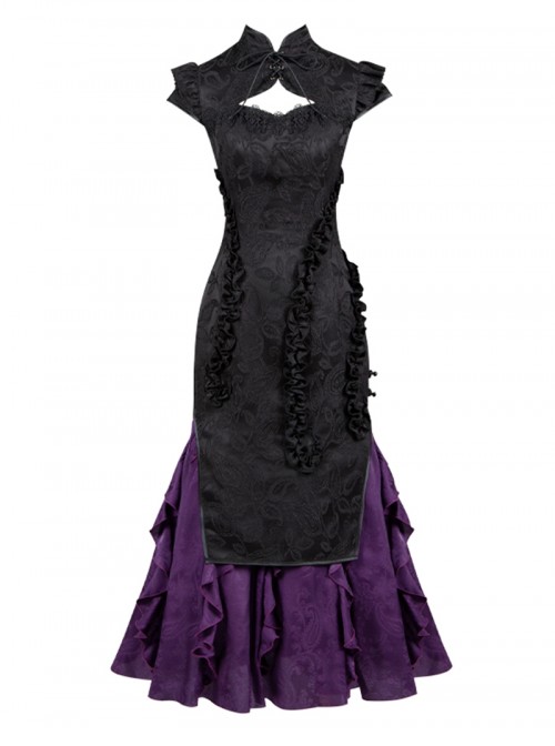 Chinese Style Gothic Lolita Purple Black Jacquard Ruffle Spliced Cheongsam Long Dress