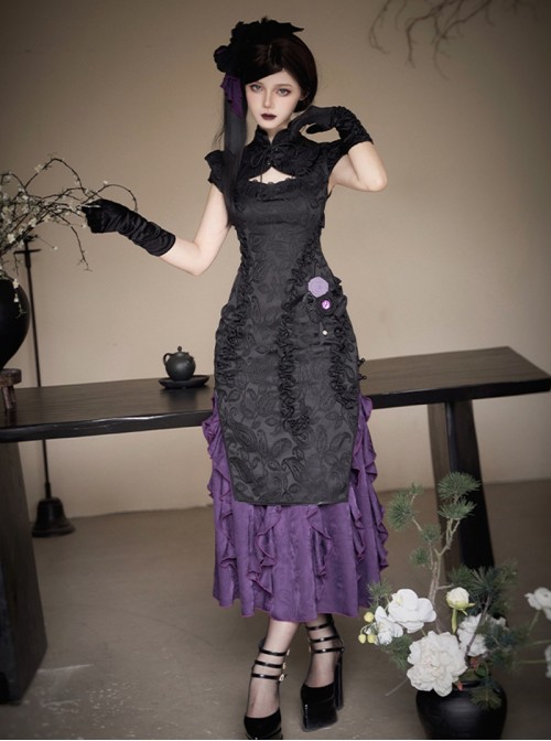 Chinese Style Gothic Lolita Purple Black Jacquard Ruffle Spliced Cheongsam Long Dress