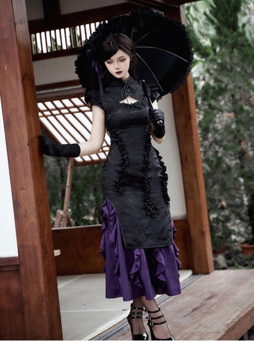 Chinese Style Gothic Lolita Purple Black Jacquard Ruffle Spliced Cheongsam Long Dress