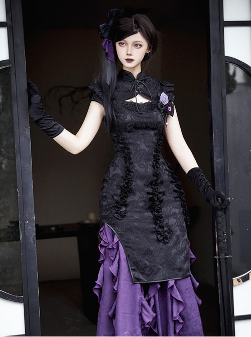 Chinese Style Gothic Lolita Purple Black Jacquard Ruffle Spliced Cheongsam Long Dress