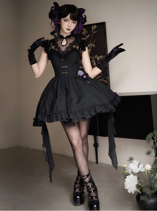 Black Gothic Lolita Pleated Jacquard Ruffled Versatile Daily Sleeveless Strap Dress