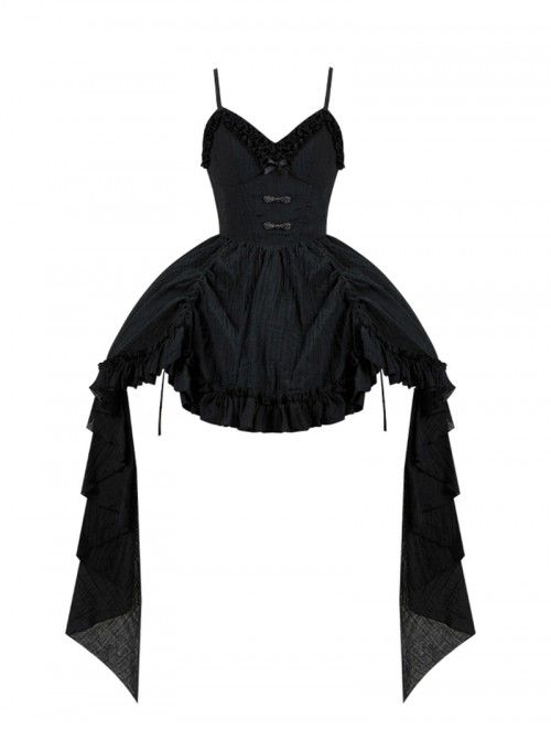Black Gothic Lolita Pleated Jacquard Ruffled Versatile Daily Sleeveless Strap Dress