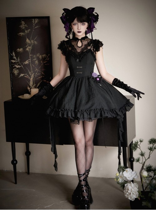 Black Gothic Lolita Pleated Jacquard Ruffled Versatile Daily Sleeveless Strap Dress