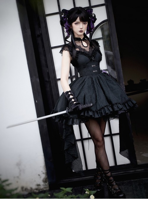 Black Gothic Lolita Pleated Jacquard Ruffled Versatile Daily Sleeveless Strap Dress