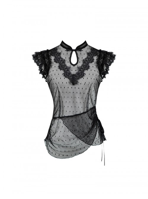 Black Slightly Sheer Light Lace Gothic Lolita Sexy Flutter Sleeve Cinched Waist Inner Shirt