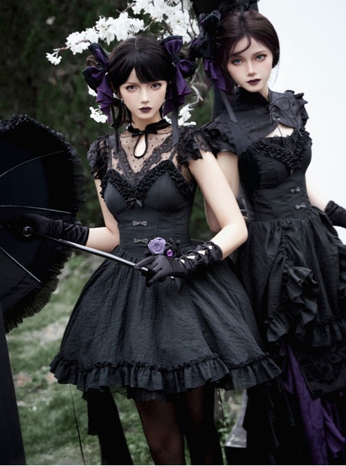 Black Slightly Sheer Light Lace Gothic Lolita Sexy Flutter Sleeve Cinched Waist Inner Shirt