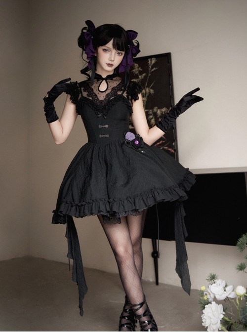 Black Slightly Sheer Light Lace Gothic Lolita Sexy Flutter Sleeve Cinched Waist Inner Shirt