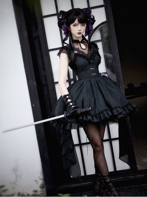 Black Slightly Sheer Light Lace Gothic Lolita Sexy Flutter Sleeve Cinched Waist Inner Shirt