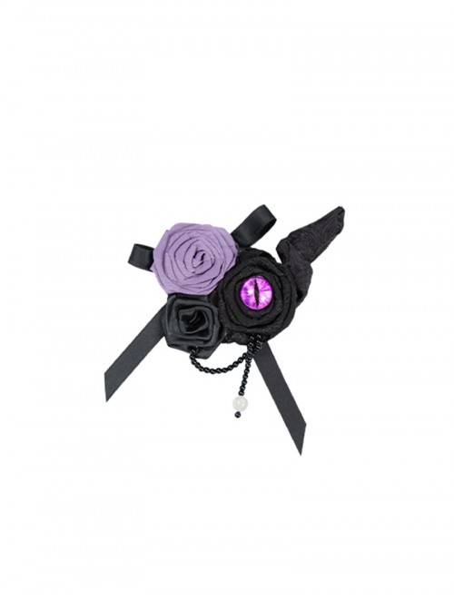 Black Gothic Lolita Elegant Rose Ribbon Bowknot Devil Eye Bead Brooch